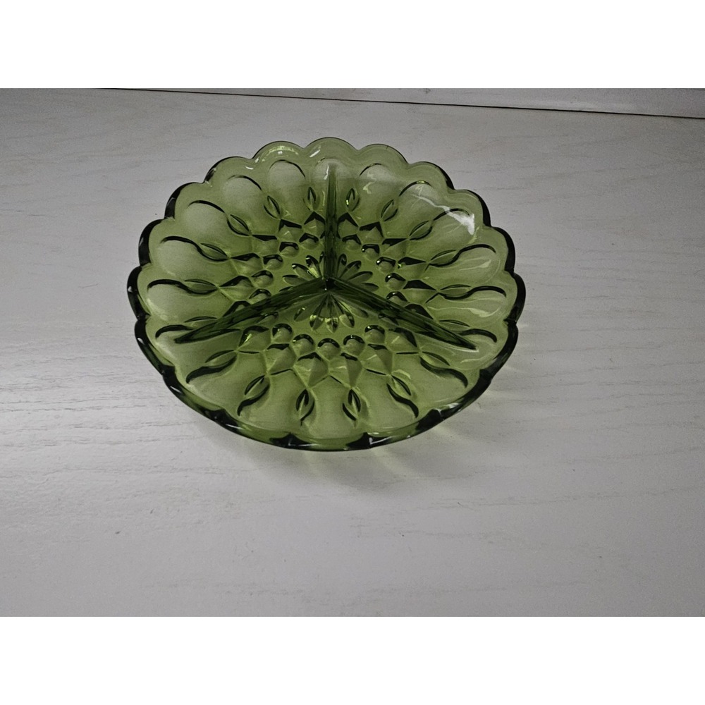Anchor Hocking Fairfield Avocado Green Glass Relish Tray Divided Dish Vintage